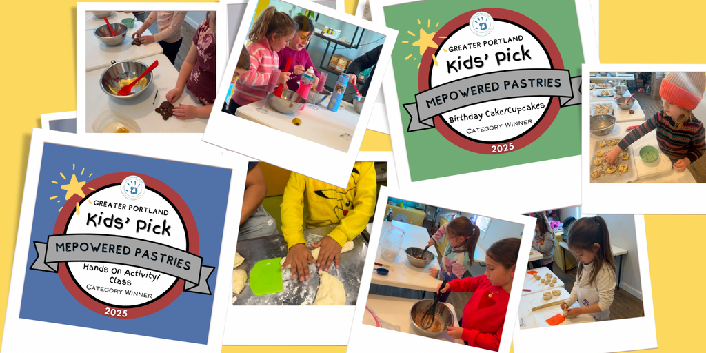 A colorful collage of images with photos of kids baking 